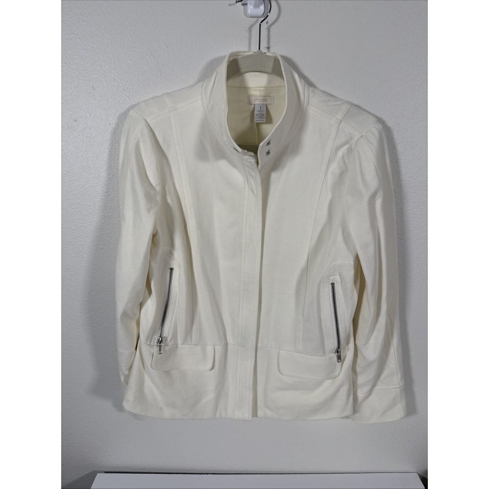 CHICO'S Women's Short‎ Cream Lined Jacket Moto Zip Front Size 1 M E2